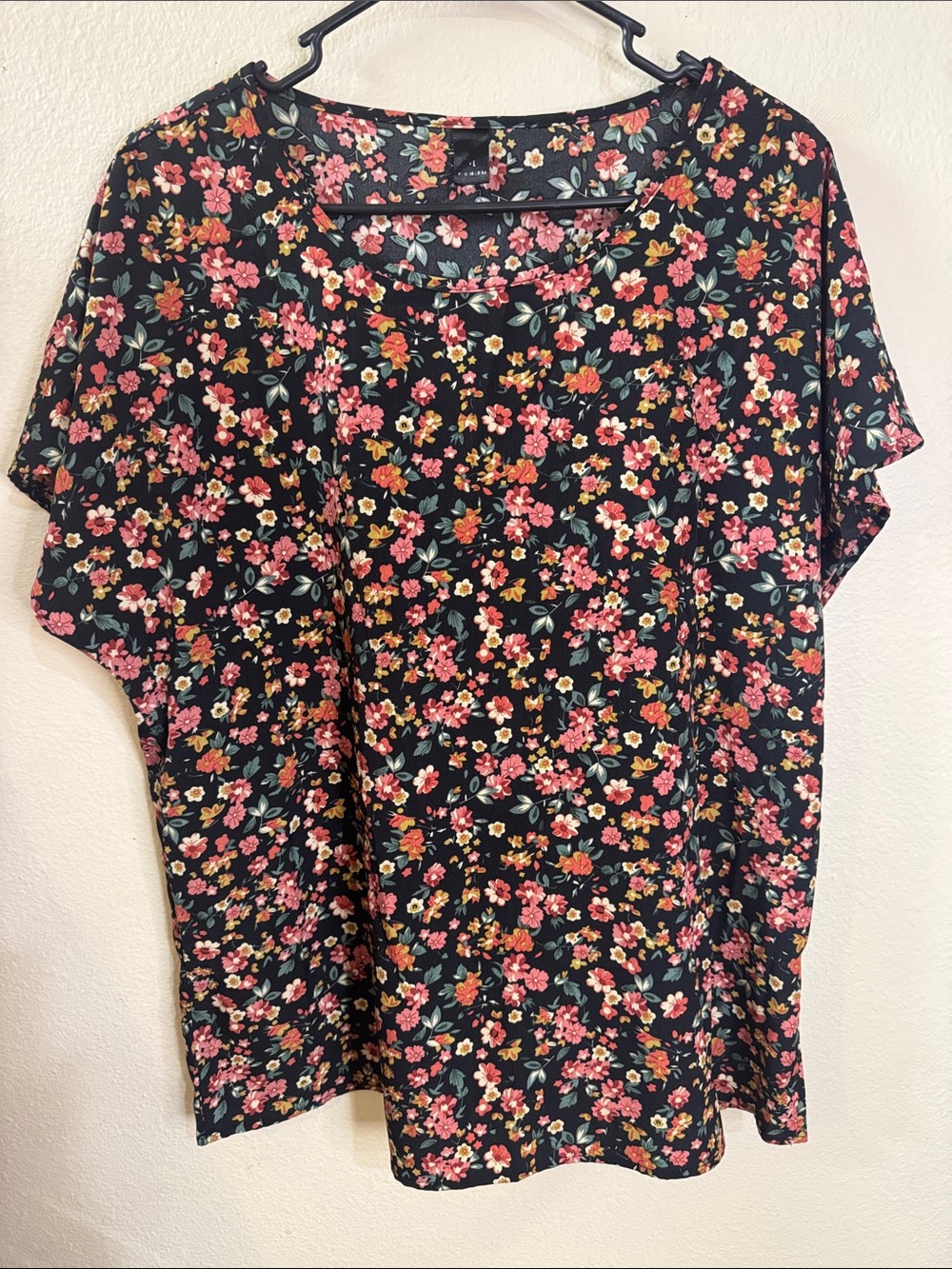 Floral Short-Sleeve Crewneck Top - Black with Pink & Yellow Flowers